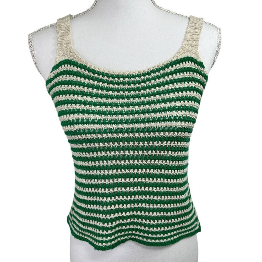 Luxury Striped Cropped Crocheted Cream and Green Open Stitch Tank Top Size S